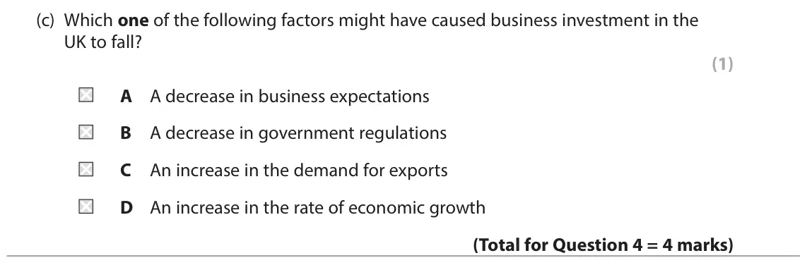 June 2024 AS Paper 2, question 4(c): Which one of the following factors might have caused business investment in the UK to fall? (1) A A decrease in business expectations B A decrease in government