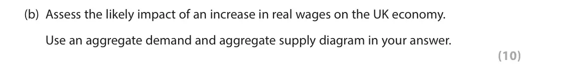 June 2024 AS Paper 2, question 6(b): Assess the likely impact of an increase in real wages on the UK economy. Use an aggregate demand and aggregate supply diagram in your answer. (10) Read Figures 