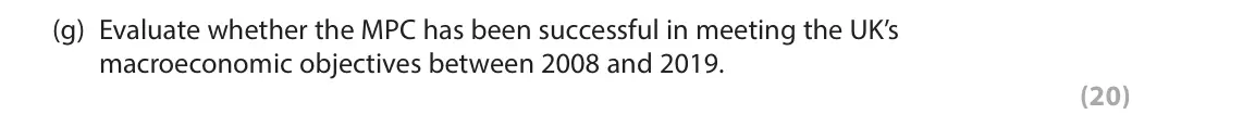 June 2024 AS Paper 2, question 6(g): Evaluate whether the MPC has been successful in meeting the UK’s macroeconomic objectives between 2008 and 2019. (20) Read Figures 1 and 2 and Extract A before