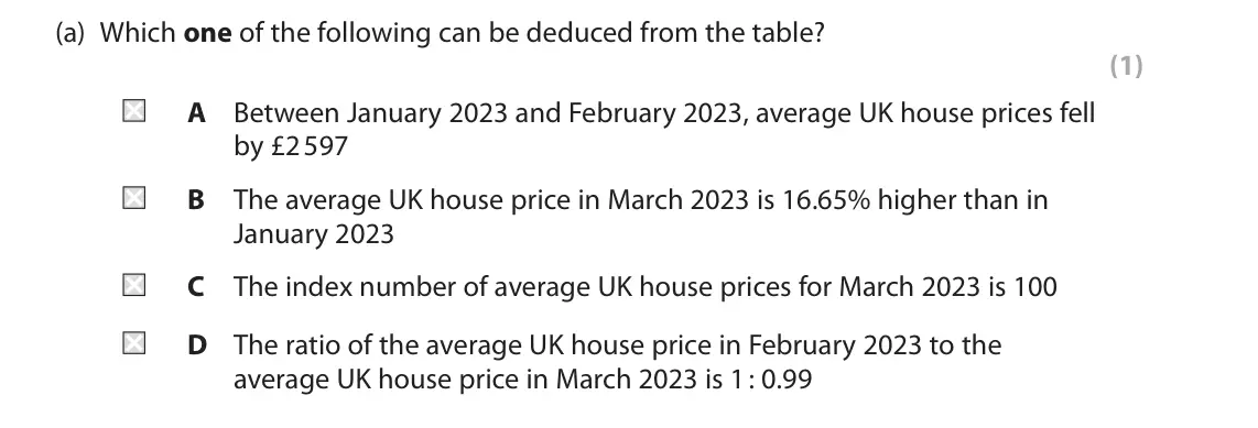 June 2025 AS Paper 2, question 2(a): Which one of the following can be deduced from the table? (1) A Between January 2023 and February 2023, average UK house prices fell by £2 597 B The average U