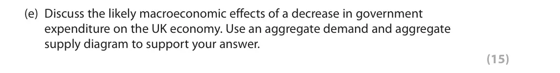 June 2025 AS Paper 2, question 6(e): Discuss the likely macroeconomic effects of a decrease in government expenditure on the UK economy. Use an aggregate demand and aggregate supply diagram to supp