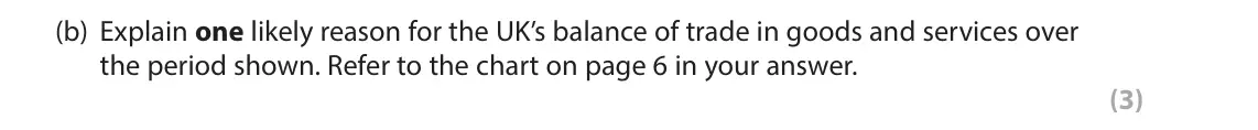 October 2020 AS Paper 2, question 3(b): Explain one likely reason for the UK’s balance of trade in goods and services over the period shown. Refer to the chart on page 6 in your answer. (3) 3 The UK’s