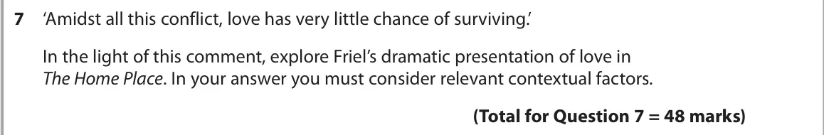 June 2018 AS Paper 1, question 7: ‘Amidst all this conflict, love has very little chance of surviving.’ In the light of this comment, explore Friel’s dramatic presentation of love in The Home Pl