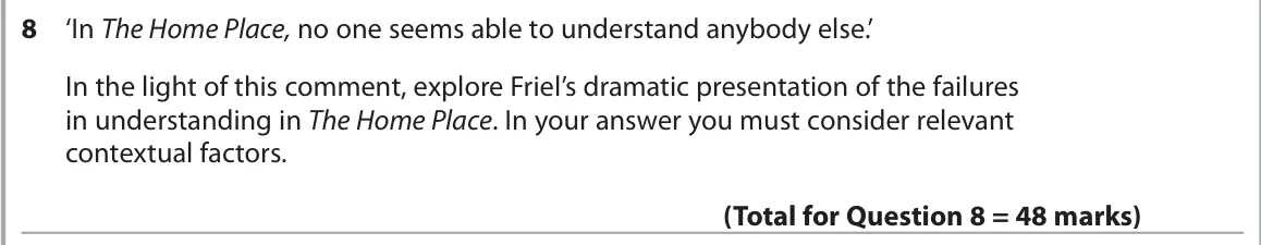 June 2018 AS Paper 1, question 8: ‘In The Home Place, no one seems able to understand anybody else.’ In the light of this comment, explore Friel’s dramatic presentation of the failures in unders
