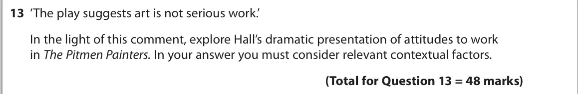 June 2018 AS Paper 1, question 13: ‘The play suggests art is not serious work.’ In the light of this comment, explore Hall’s dramatic presentation of attitudes to work in The Pitmen Painters. In 