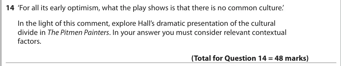 June 2018 AS Paper 1, question 14: ‘For all its early optimism, what the play shows is that there is no common culture.’ In the light of this comment, explore Hall’s dramatic presentation of the 