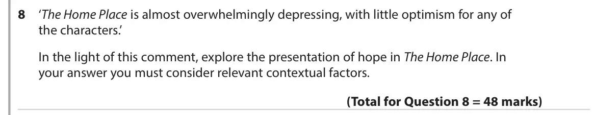 June 2019 AS Paper 1, question 8: ‘The Home Place is almost overwhelmingly depressing, with little optimism for any of the characters.’ In the light of this comment, explore the presentation of 