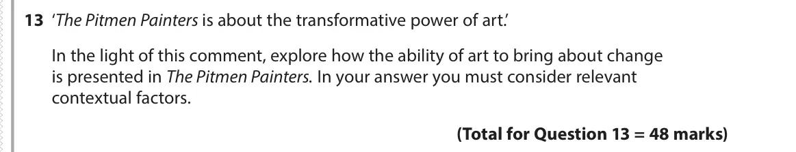 June 2019 AS Paper 1, question 13: ‘The Pitmen Painters is about the transformative power of art.’ In the light of this comment, explore how the ability of art to bring about change is presented 