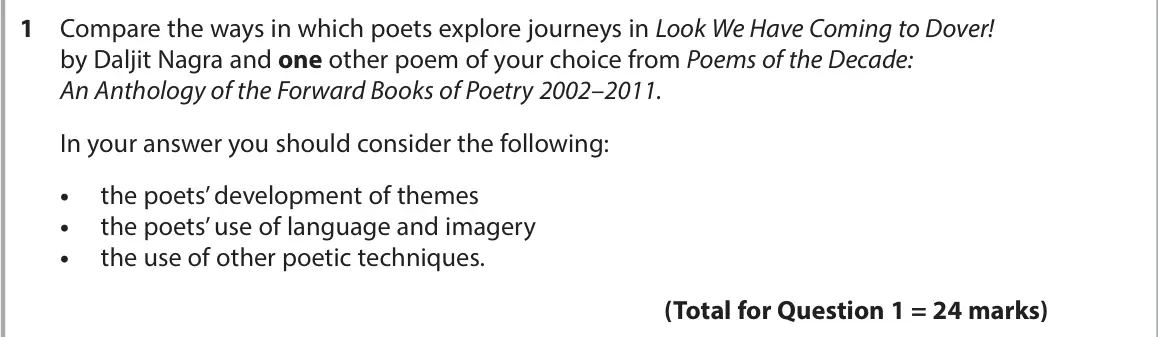 June 2022 AS Paper 1, question 1: Compare the ways in which poets explore journeys in Look We Have Coming to Dover! by Daljit Nagra and one other poem of your choice from Poems of the Decade: An
