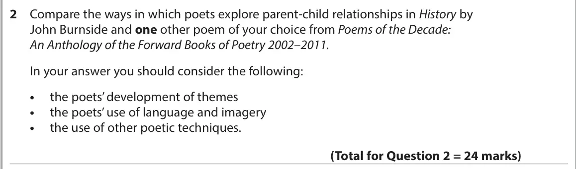 June 2022 AS Paper 1, question 2: Compare the ways in which poets explore parent-child relationships in History by John Burnside and one other poem of your choice from Poems of the Decade: An An