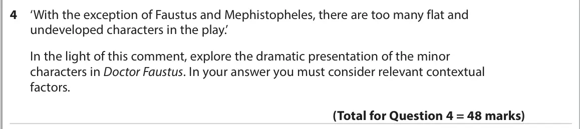 June 2022 AS Paper 1, question 4: ‘With the exception of Faustus and Mephistopheles, there are too many flat and undeveloped characters in the play.’ In the light of this comment, explore the dr