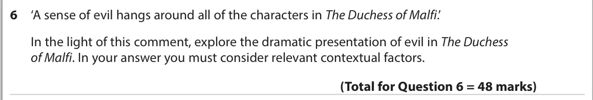 June 2022 AS Paper 1, question 6: ‘A sense of evil hangs around all of the characters in The Duchess of Malfi.’ In the light of this comment, explore the dramatic presentation of evil in The Duc