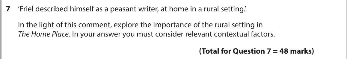 June 2022 AS Paper 1, question 7: ‘Friel described himself as a peasant writer, at home in a rural setting.’ In the light of this comment, explore the importance of the rural setting in The Home