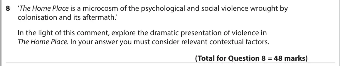 June 2022 AS Paper 1, question 8: ‘The Home Place is a microcosm of the psychological and social violence wrought by colonisation and its aftermath.’ In the light of this comment, explore the dr