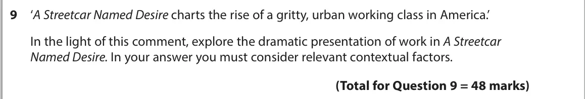 June 2022 AS Paper 1, question 9: ‘A Streetcar Named Desire charts the rise of a gritty, urban working class in America.’ In the light of this comment, explore the dramatic presentation of work 