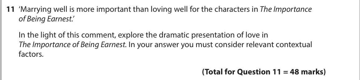 June 2022 AS Paper 1, question 11: ‘Marrying well is more important than loving well for the characters in The Importance of Being Earnest.’ In the light of this comment, explore the dramatic pre