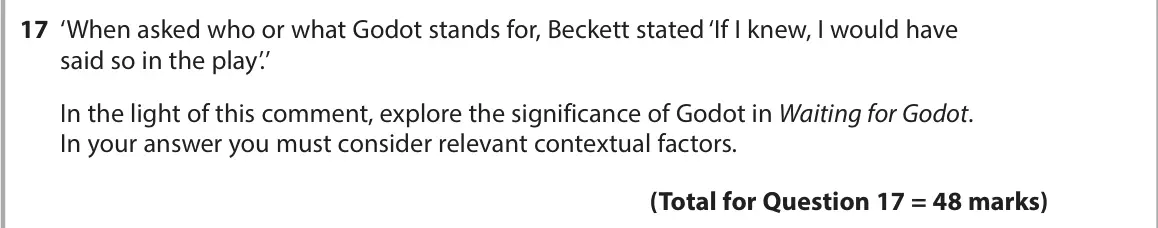 June 2022 AS Paper 1, question 17: ‘When asked who or what Godot stands for, Beckett stated ‘If I knew, I would have said so in the play’.’ In the light of this comment, explore the significance 