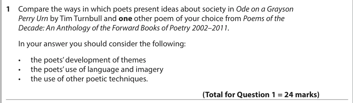 June 2023 AS Paper 1, question 1: Compare the ways in which poets present ideas about society in Ode on a Grayson Perry Urn by Tim Turnbull and one other poem of your choice from Poems of the De