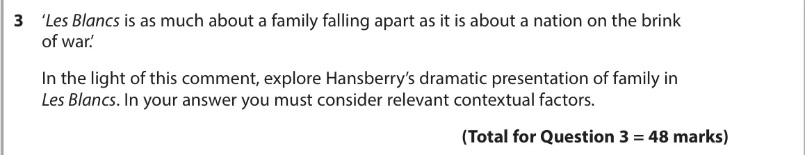 June 2023 AS Paper 1, question 3: ‘Les Blancs is as much about a family falling apart as it is about a nation on the brink of war.’ In the light of this comment, explore Hansberry’s dramatic pre