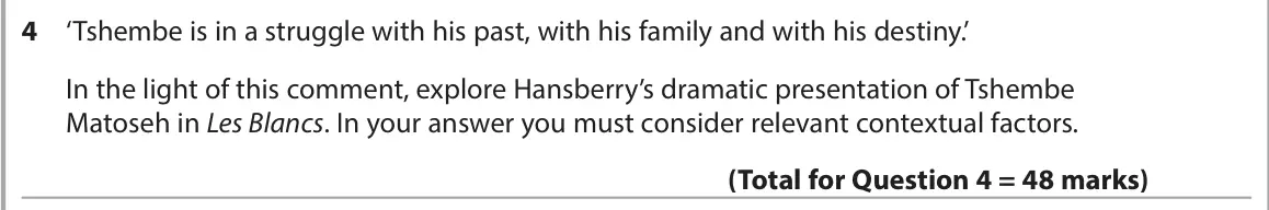 June 2023 AS Paper 1, question 4: ‘Tshembe is in a struggle with his past, with his family and with his destiny.’ In the light of this comment, explore Hansberry’s dramatic presentation of Tshem