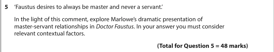 June 2023 AS Paper 1, question 5: ‘Faustus desires to always be master and never a servant.’ In the light of this comment, explore Marlowe’s dramatic presentation of master-servant relationships