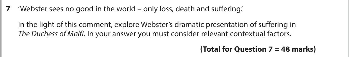 June 2023 AS Paper 1, question 7: ‘Webster sees no good in the world – only loss, death and suffering.’ In the light of this comment, explore Webster’s dramatic presentation of suffering in The 