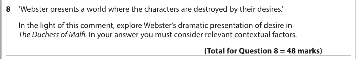 June 2023 AS Paper 1, question 8: ‘Webster presents a world where the characters are destroyed by their desires.’ In the light of this comment, explore Webster’s dramatic presentation of desire 