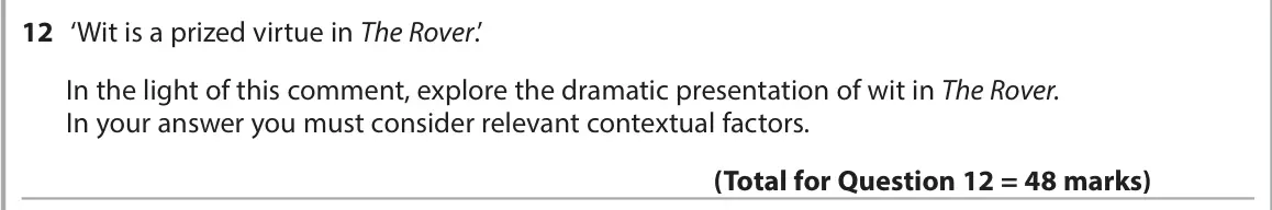 June 2023 AS Paper 1, question 12: ‘Wit is a prized virtue in The Rover.’ In the light of this comment, explore the dramatic presentation of wit in The Rover. In your answer you must consider rel