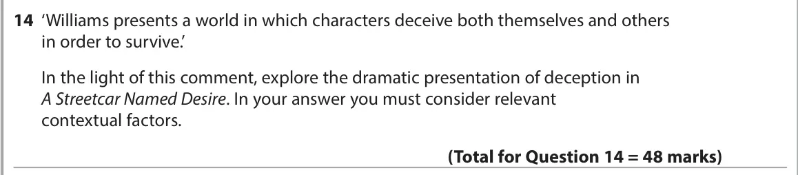 June 2023 AS Paper 1, question 14: ‘Williams presents a world in which characters deceive both themselves and others in order to survive.’ In the light of this comment, explore the dramatic prese