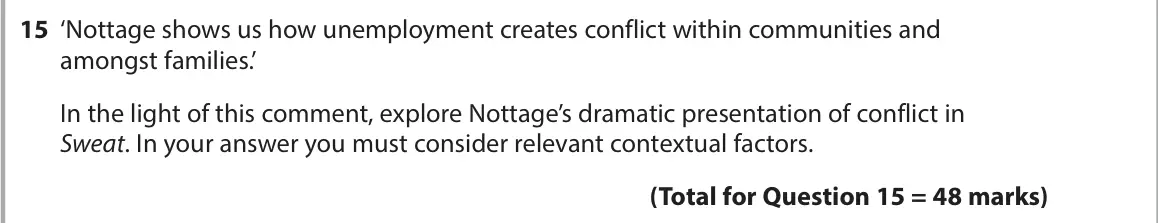June 2023 AS Paper 1, question 15: ‘Nottage shows us how unemployment creates conflict within communities and amongst families.’ In the light of this comment, explore Nottage’s dramatic presentat
