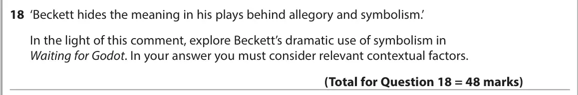 June 2023 AS Paper 1, question 18: ‘Beckett hides the meaning in his plays behind allegory and symbolism.’ In the light of this comment, explore Beckett’s dramatic use of symbolism in Waiting for
