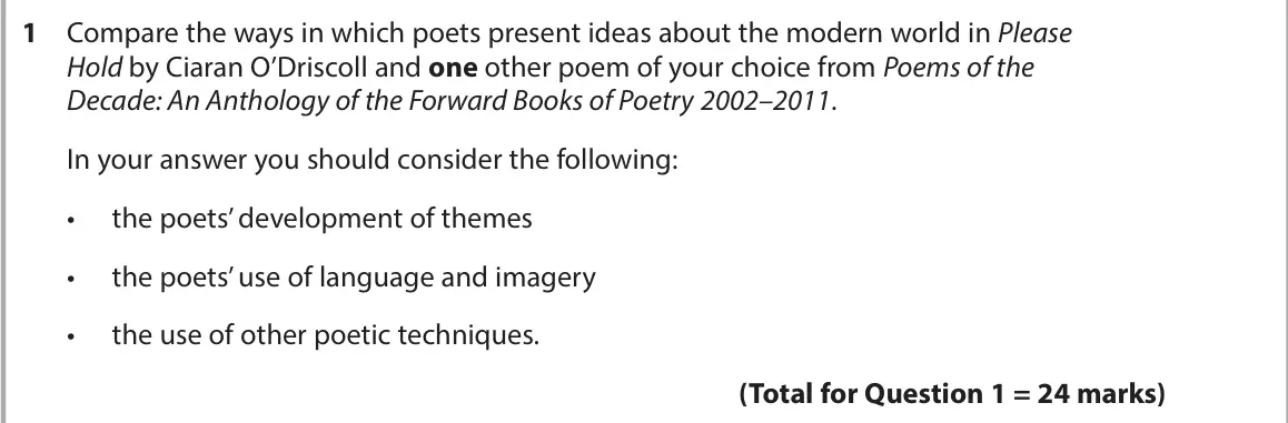 June 2024 AS Paper 1, question 1: Compare the ways in which poets present ideas about the modern world in Please Hold by Ciaran O’Driscoll and one other poem of your choice from Poems of the Dec