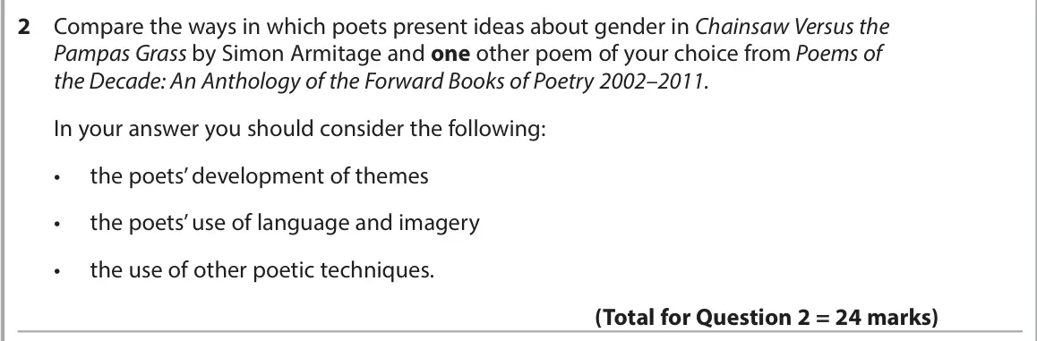 June 2024 AS Paper 1, question 2: Compare the ways in which poets present ideas about gender in Chainsaw Versus the Pampas Grass by Simon Armitage and one other poem of your choice from Poems of