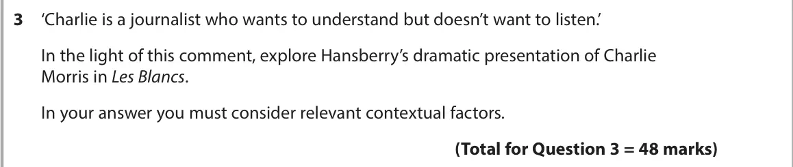 June 2024 AS Paper 1, question 3: ‘Charlie is a journalist who wants to understand but doesn’t want to listen.’ In the light of this comment, explore Hansberry’s dramatic presentation of Charlie