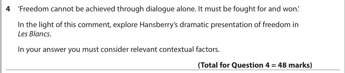 June 2024 AS Paper 1, question 4: ‘Freedom cannot be achieved through dialogue alone. It must be fought for and won.’ In the light of this comment, explore Hansberry’s dramatic presentation of f