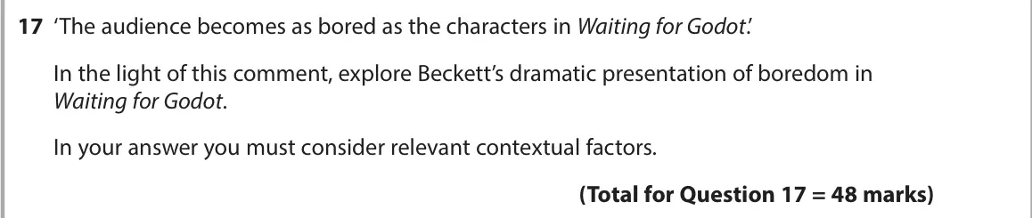 June 2024 AS Paper 1, question 17: ‘The audience becomes as bored as the characters in Waiting for Godot.’ In the light of this comment, explore Beckett’s dramatic presentation of boredom in Wait
