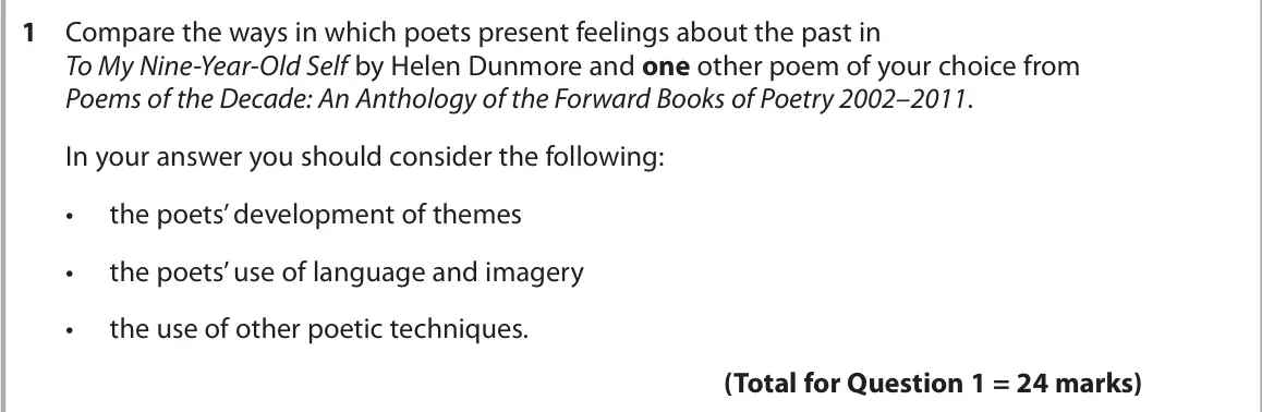 June 2025 AS Paper 1, question 1: Compare the ways in which poets present feelings about the past in To My Nine‑Year‑Old Self by Helen Dunmore and one other poem of your choice from Poems of the