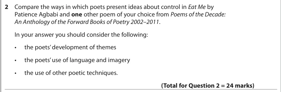 June 2025 AS Paper 1, question 2: Compare the ways in which poets present ideas about control in Eat Me by Patience Agbabi and one other poem of your choice from Poems of the Decade: An Antholog