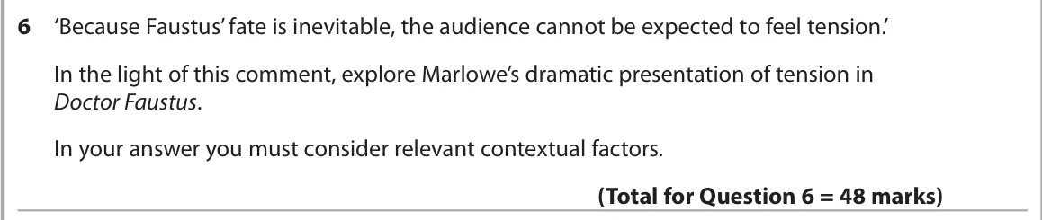 June 2025 AS Paper 1, question 6: ‘Because Faustus’ fate is inevitable, the audience cannot be expected to feel tension.’ In the light of this comment, explore Marlowe’s dramatic presentation of