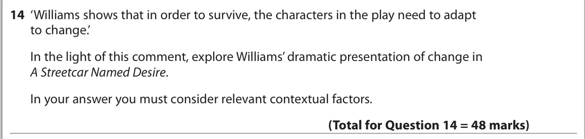 June 2025 AS Paper 1, question 14: ‘Williams shows that in order to survive, the characters in the play need to adapt to change.’ In the light of this comment, explore Williams’ dramatic presenta