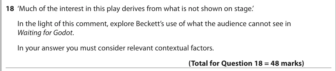 June 2025 AS Paper 1, question 18: ‘Much of the interest in this play derives from what is not shown on stage.’ In the light of this comment, explore Beckett’s use of what the audience cannot see