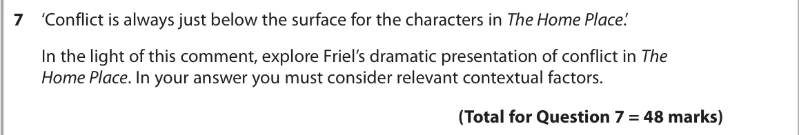 October 2020 AS Paper 1, question 7: ‘Conflict is always just below the surface for the characters in The Home Place.’ In the light of this comment, explore Friel’s dramatic presentation of conflic