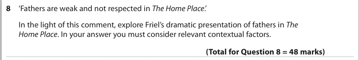 October 2020 AS Paper 1, question 8: ‘Fathers are weak and not respected in The Home Place.’ In the light of this comment, explore Friel’s dramatic presentation of fathers in The Home Place. In you