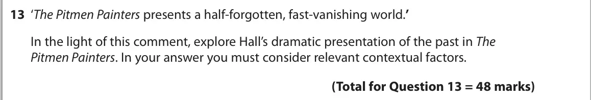October 2020 AS Paper 1, question 13: ‘The Pitmen Painters presents a half-forgotten, fast-vanishing world.’ In the light of this comment, explore Hall’s dramatic presentation of the past in The Pit