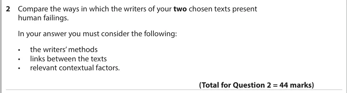 June 2022 AS Paper 2, question 2: Compare the ways in which the writers of your two chosen texts present human failings. In your answer you must consider the following: • the writers’ methods • 