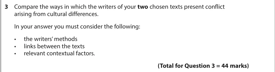 June 2022 AS Paper 2, question 3: Compare the ways in which the writers of your two chosen texts present conflict arising from cultural differences. In your answer you must consider the followin