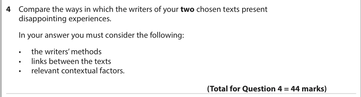 June 2022 AS Paper 2, question 4: Compare the ways in which the writers of your two chosen texts present disappointing experiences. In your answer you must consider the following: • the writers’