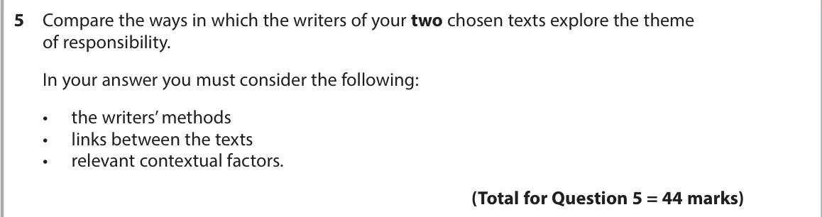 June 2022 AS Paper 2, question 5: Compare the ways in which the writers of your two chosen texts explore the theme of responsibility. In your answer you must consider the following: • the writer