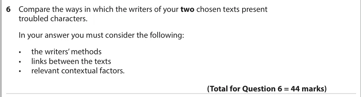 June 2022 AS Paper 2, question 6: Compare the ways in which the writers of your two chosen texts present troubled characters. In your answer you must consider the following: • the writers’ metho