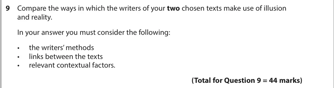 June 2022 AS Paper 2, question 9: Compare the ways in which the writers of your two chosen texts make use of illusion and reality. In your answer you must consider the following: • the writers’ 